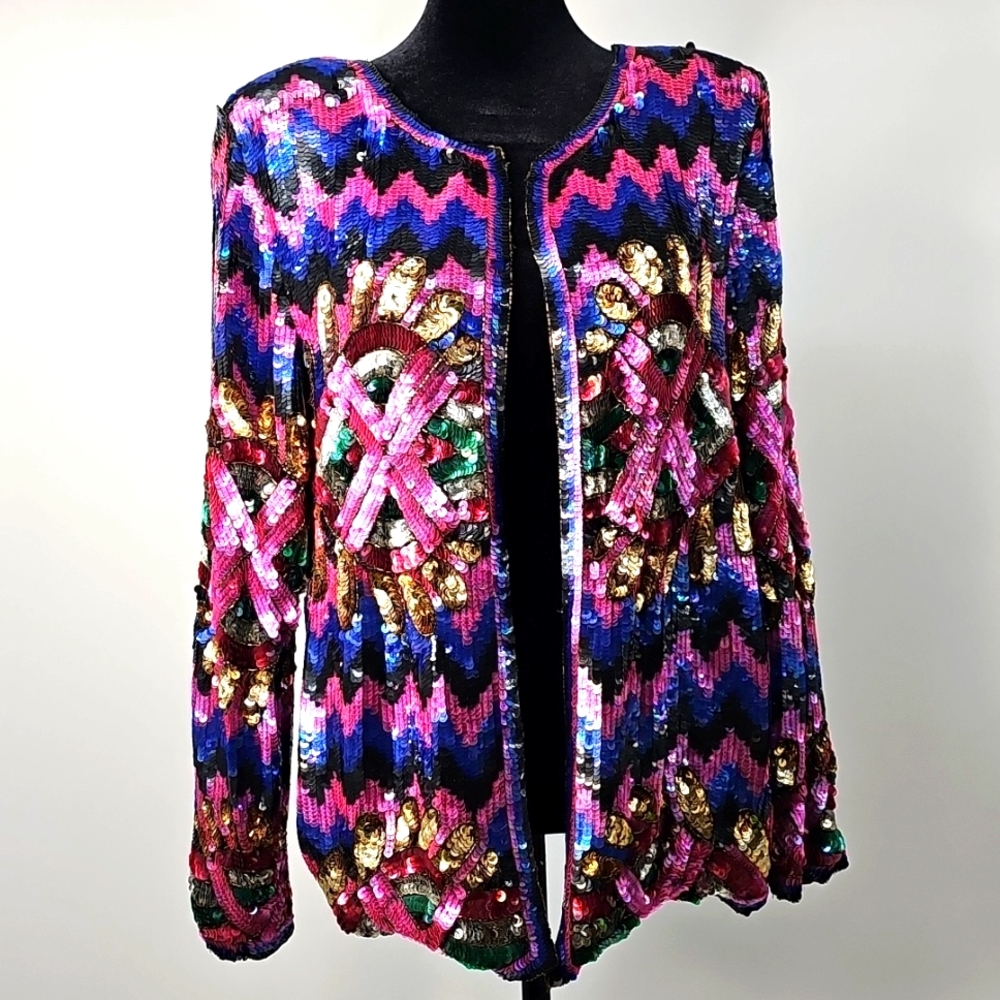 VTG‎ Sequined Open Front Cocktail Jacket Unique Colorful Breast Cancer Design
